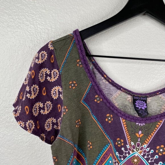 Lucky Brand Top Juniors Short Sleeves Paisley Purple Size M Boho Hippie 90's Y2K - Picture 4 of 11